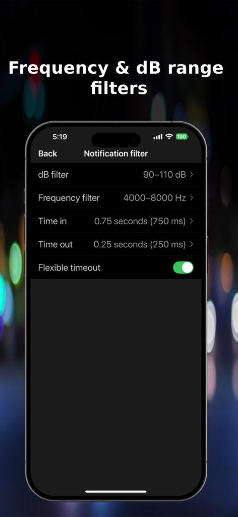 Interface showing adjustable frequency and decibel range filter settings for notifications in the Decibel Meter app.