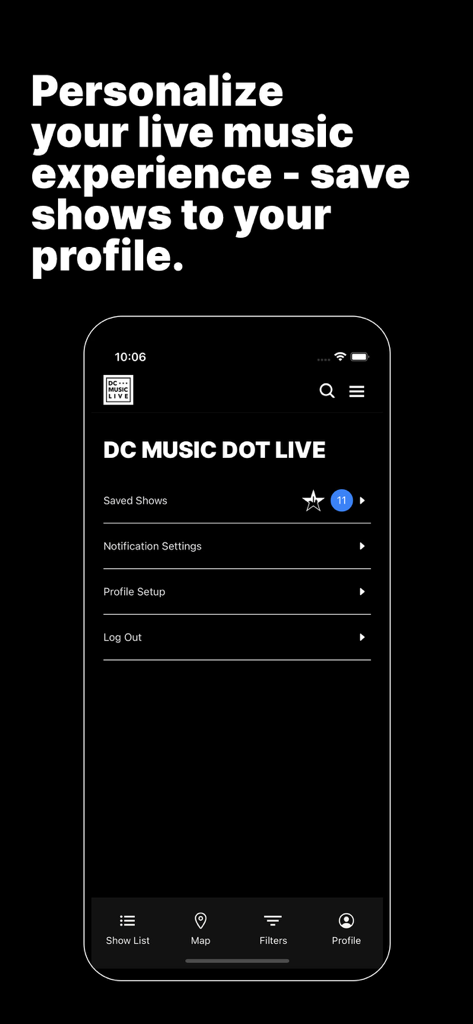 DC Music Live - User profile screen of the DC Music Live app displaying saved shows and notification settings