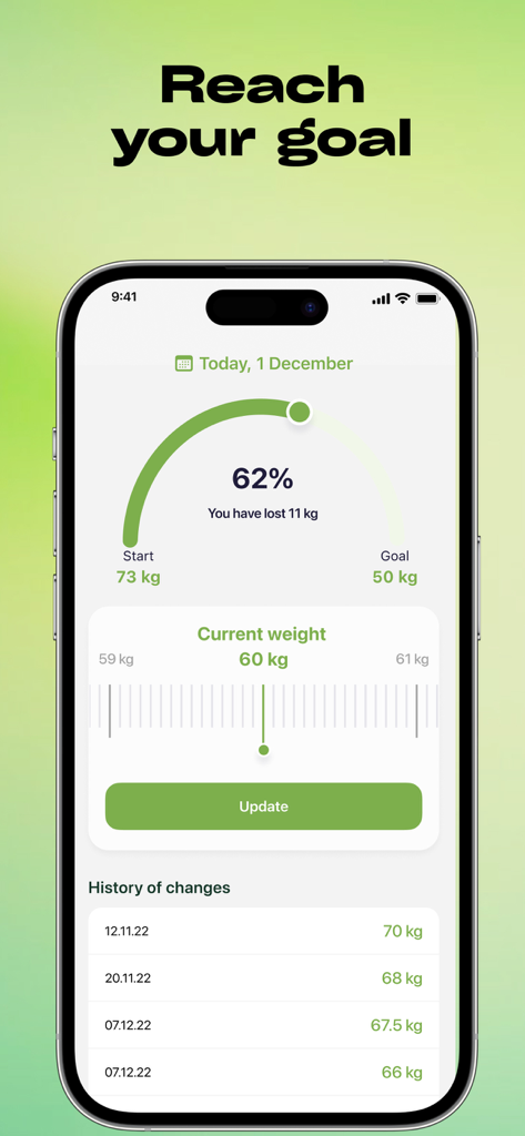 Diet: Weight loss Healthy food - Interfaz de la app móvil mostrando el progreso de pérdida de peso hacia un objetivo con un historial de cambios de peso