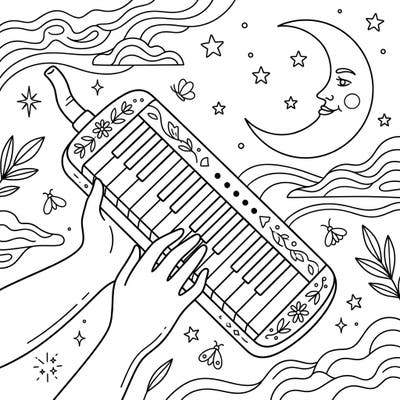 Dive into a serene night scene where music fills the air with this beautiful melodica coloring page. Perfect for adults and teens, this intricate design offers a peaceful escape to express your creativity under the stars.