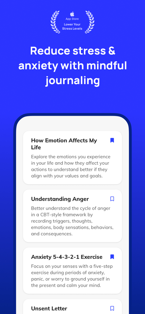 Clearful - Journal & Diary - Mobile app screen showing Clearful guided journal prompts for managing stress anxiety and emotions