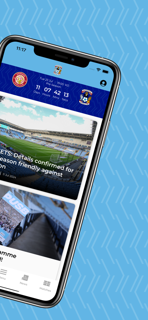 Coventry City FC - コヴェントリー・シティFC公式アプリのホーム画面。試合までのカウントダウンタイマーと最新のクラブニュースを表示。
