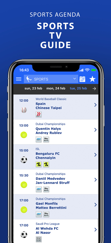 WOSTI Sports TV - WOSTI Sports TV guide showing upcoming match schedules and TV channels on a mobile screen