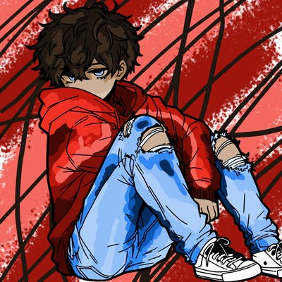 a male hoddie ripped jeans messy hair anime