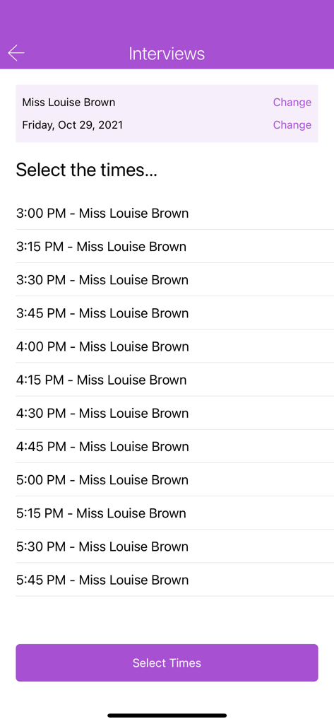Skool Loop app screen for booking school interviews with time slots.