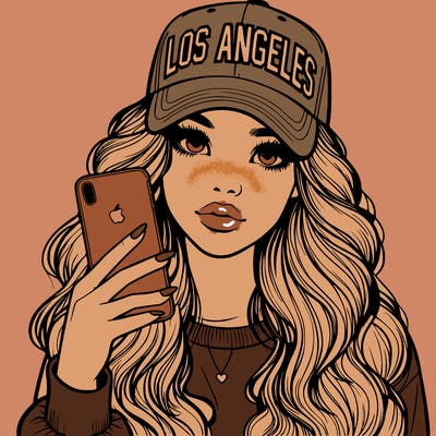 realistic beautiful girl wearing los ángeles cap holding an iphone