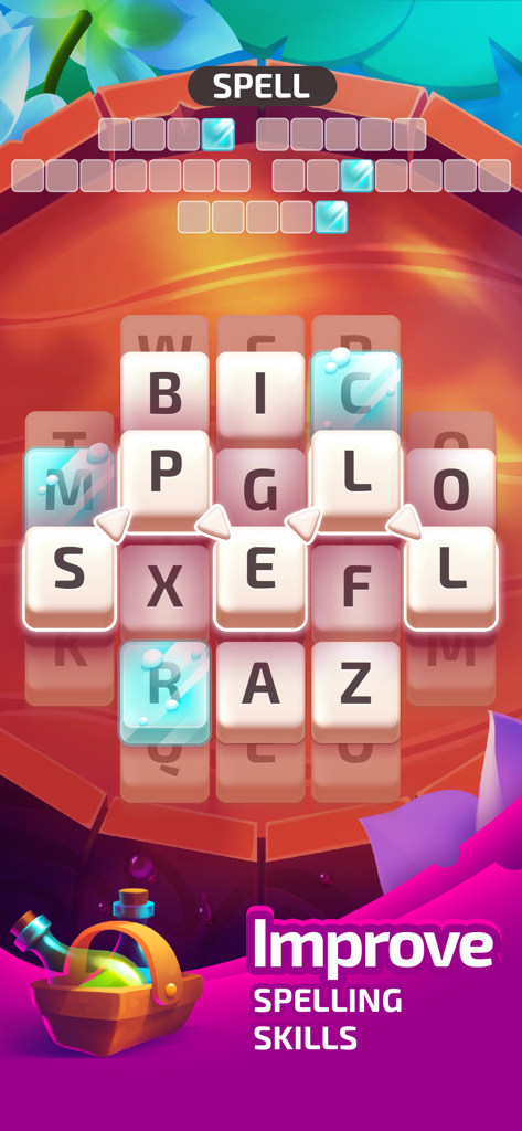 Ecrã de jogo móvel do Under a Spell com um quebra-cabeças de palavras com peças de letras e uma legenda sobre como melhorar as competências ortográficas