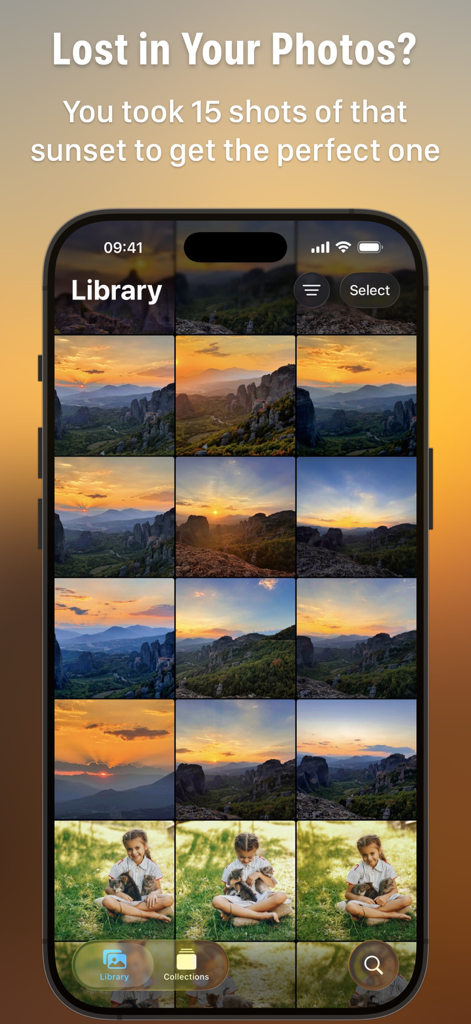 Photoscope: Best Photo Picker - Una pantalla de teléfono móvil que muestra la biblioteca de la aplicación Photoscope con múltiples tomas similares de atardeceres y retratos para ayudar a elegir la mejor.