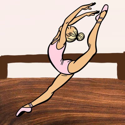 gymnast doing a leap in a leotard with a bent back leg