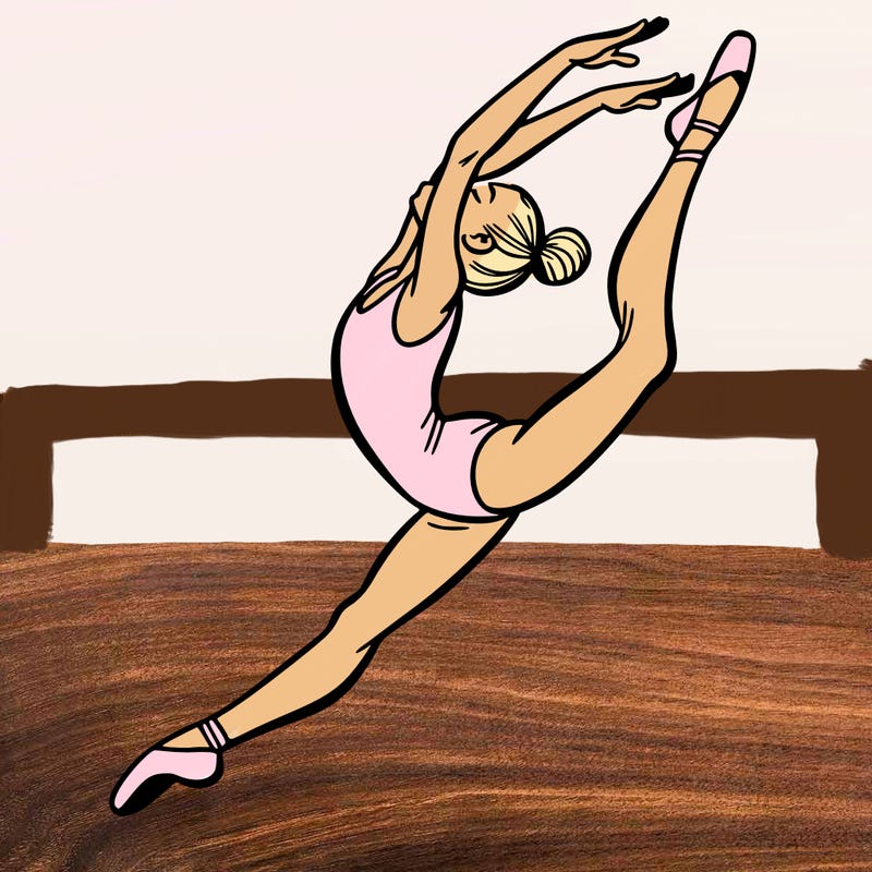 gymnast doing a leap in a leotard with a bent back leg