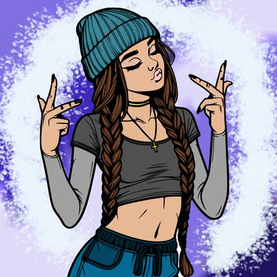 realistic teenage girl with braids and a beanie and crop top doing 🫶🏼