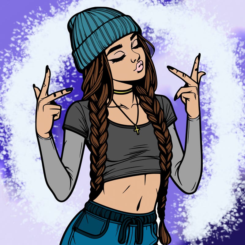 realistic teenage girl with braids and a beanie and crop top doing 🫶🏼