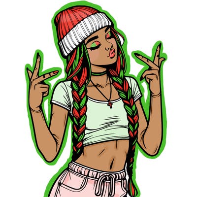 realistic teenage girl with braids and a beanie and crop top doing 🫶🏼
