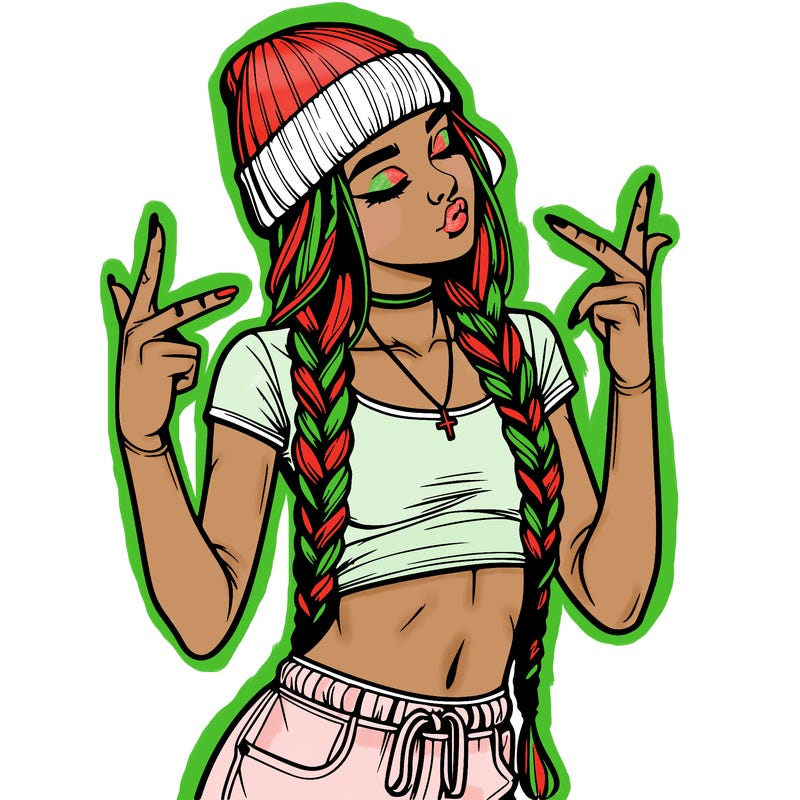 realistic teenage girl with braids and a beanie and crop top doing 🫶🏼