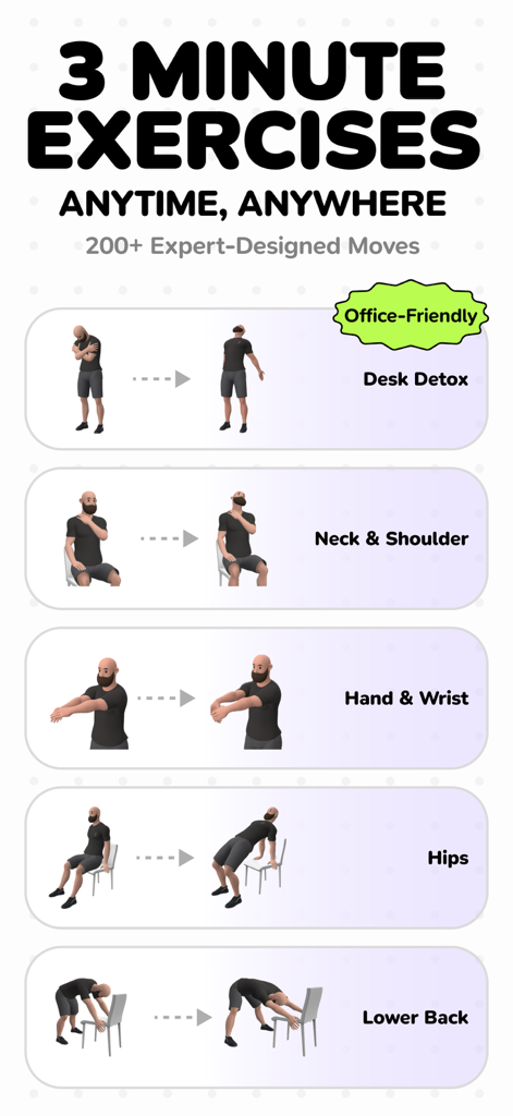Moova: Hourly Activity Breaks - Interfaz de la aplicación Moova que muestra varios ejercicios de 3 minutos aptos para la oficina para desintoxicación de escritorio, cuello, hombros, manos, muñecas, caderas y espalda baja.
