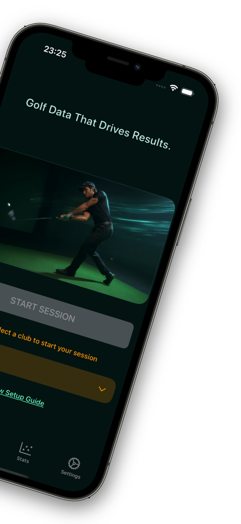 Tela de início de sessão do aplicativo Golf Launch Monitor no iPhone mostrando dados de golfe e um jogador de golfe fazendo um swing