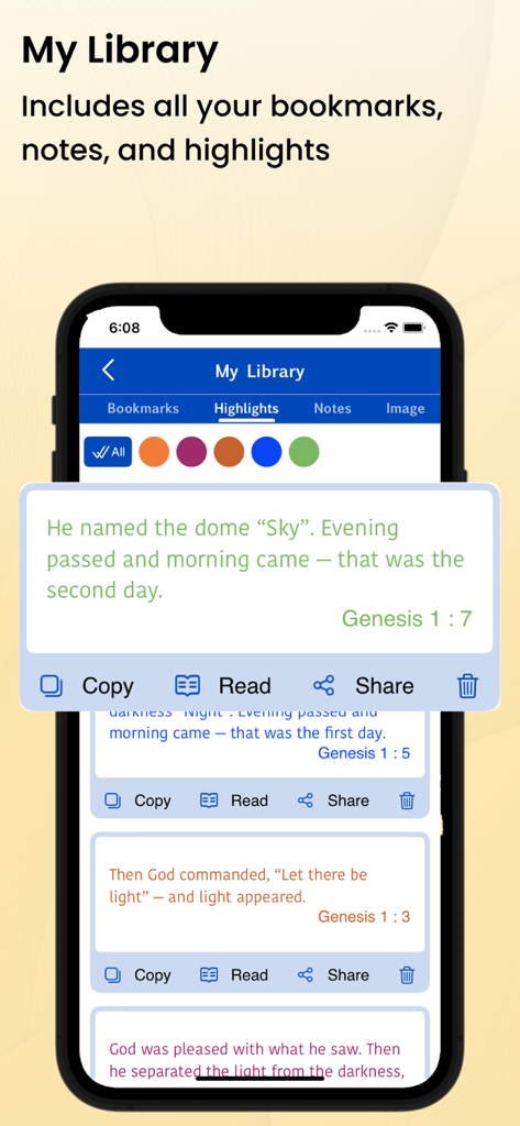 Smartphone screen showing the My Library section of the Message Bible app with colored highlights for verses from Genesis