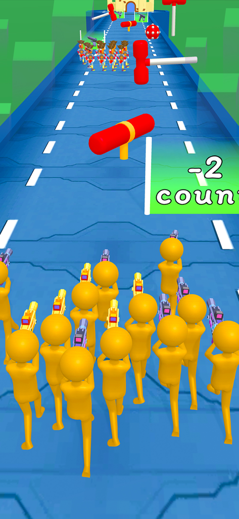 Stickman Wars - Stickman Games - A group of yellow stickman characters shooting guns while running through obstacles in a 3D mobile game.
