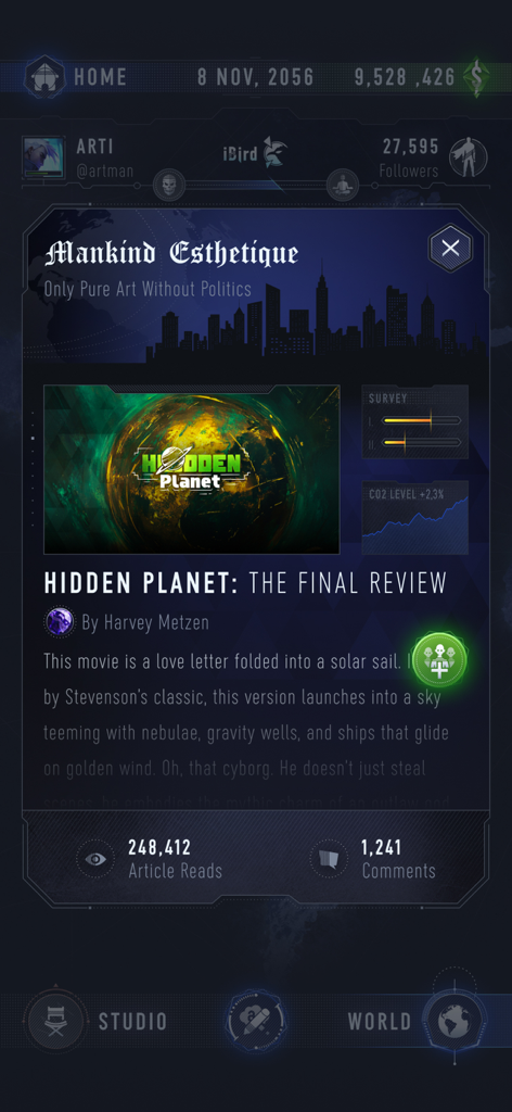 The Artman - Cyberpunk interface showing a movie review for Hidden Planet in The Artman mobile game