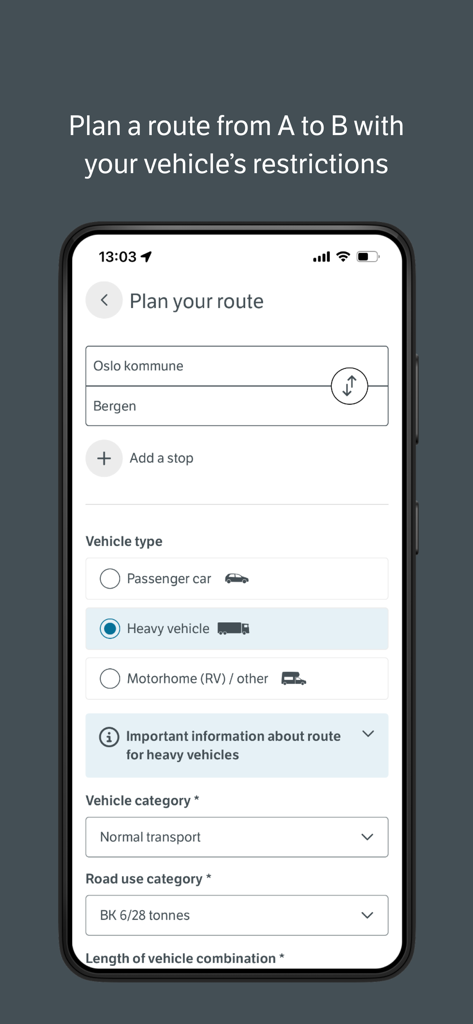Interface de planification d'itinéraire de l'application Vegvesen trafikk pour les poids lourds avec paramètres de restriction