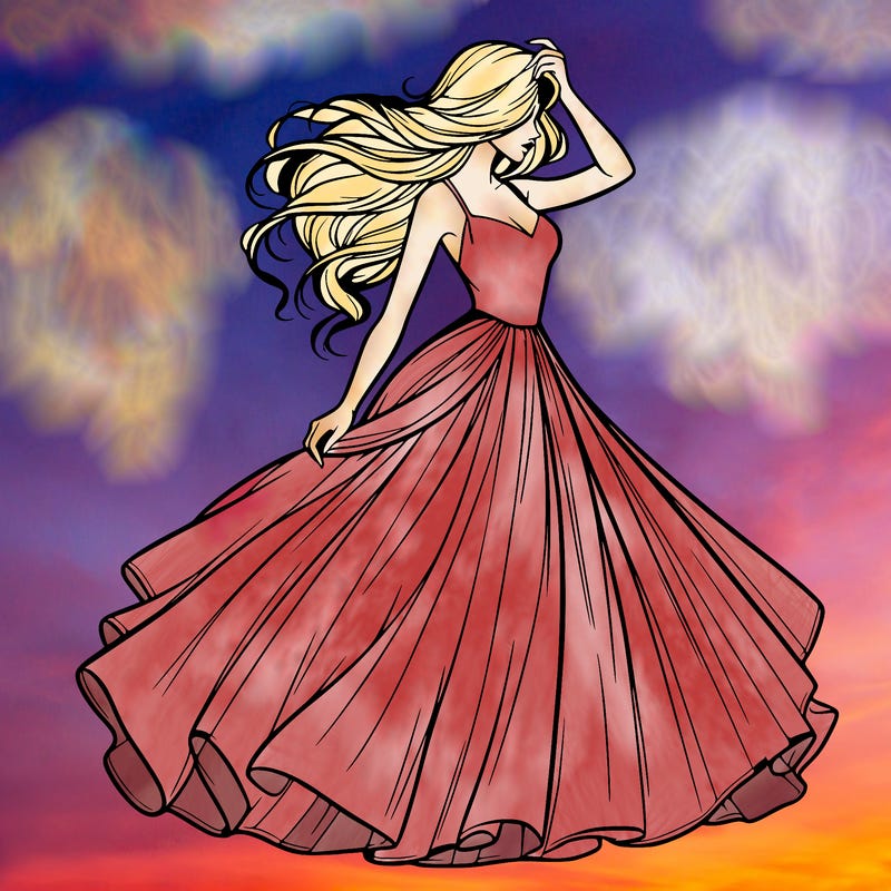 realistic woman with dress flowing in the wind