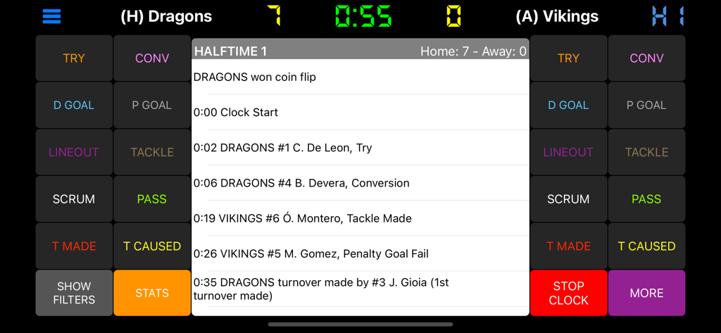 Interface of the Rugby Scorebook and Stats app showing a live game log and scoring action buttons during a match.