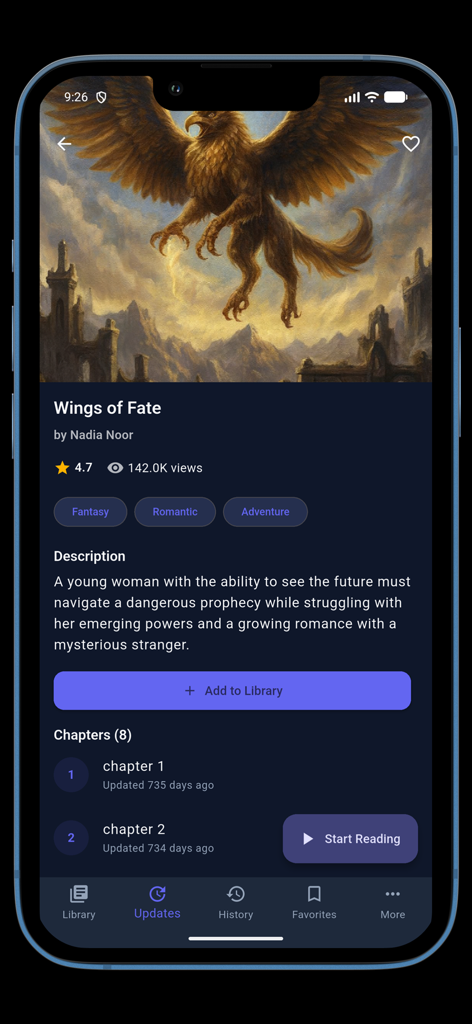 Tachiyomi - Tachiyomi app screenshot showing the detail page for a fantasy novel called Wings of Fate