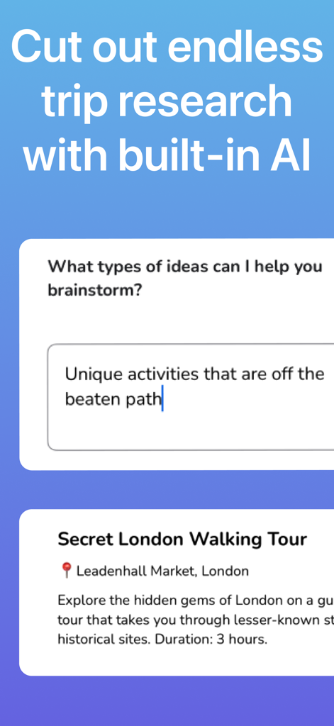 Itinerary Maker for Vacations - Interfaz de planificación de viajes con IA sugiriendo un tour secreto a pie por Londres basado en las preferencias del usuario