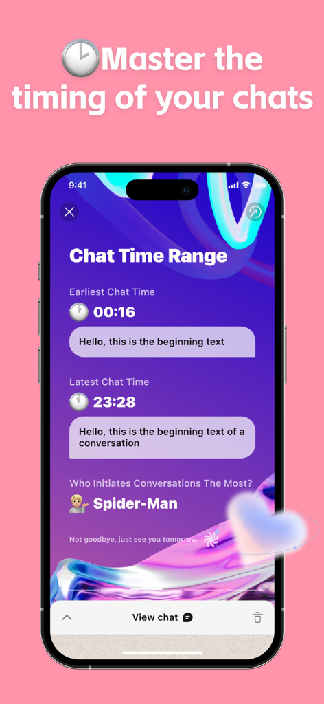 Ein Screenshot der Wasp Wrapped App, der Chat-Zeitbereichsstatistiken anzeigt, einschließlich der frühesten und spätesten Nachrichtenzeiten und wer am häufigsten Gespräche initiiert.