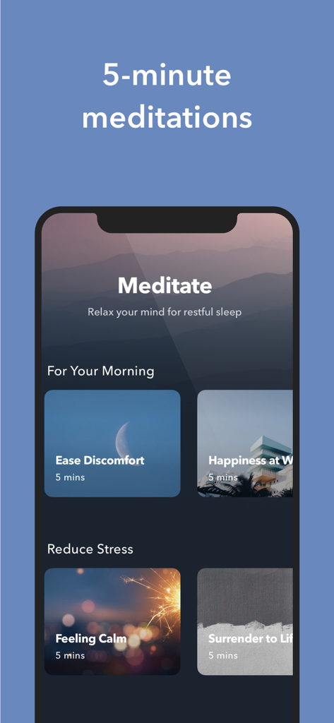 Smartphone screen displaying 5 minute meditation options for morning and stress relief in the Simple Habit app