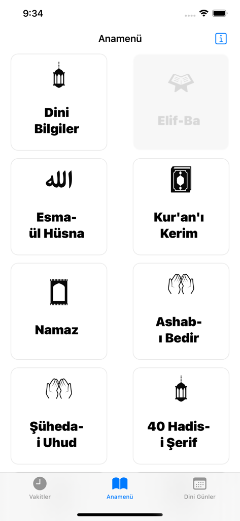 Menu principal de l'application Islam en turc présentant les sections d'informations religieuses, le Coran et les prières.
