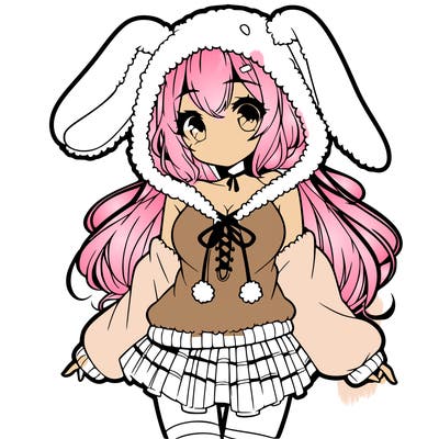 pretty anime girl wearing a fluffy hoodie with bunny ears on the hood and a skirt