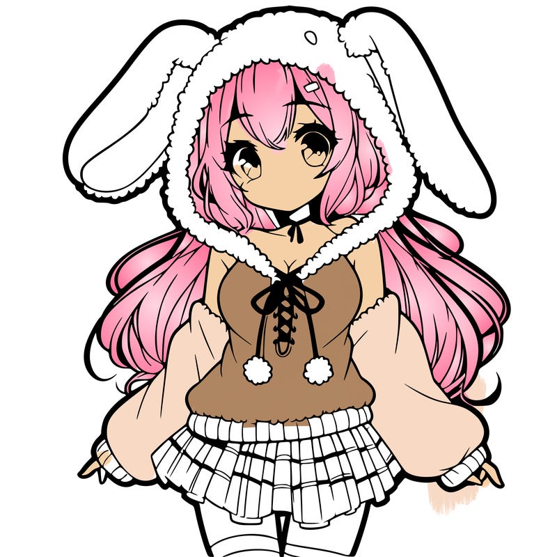 pretty anime girl wearing a fluffy hoodie with bunny ears on the hood and a skirt