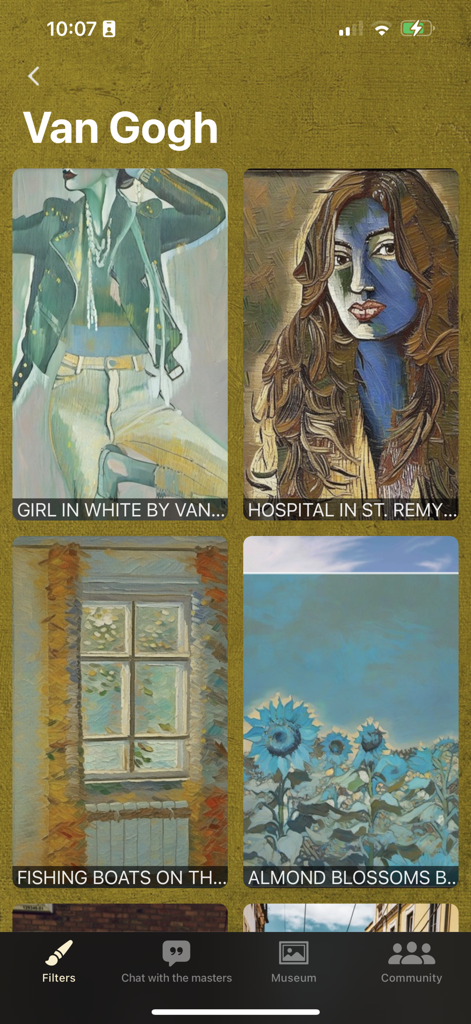 AI Impressionist Painter - La aplicación Pintor Impresionista IA mostrando fotos transformadas en pinturas al estilo de Van Gogh, incluyendo retratos y girasoles