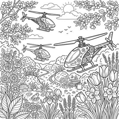 Experience the thrill of miniature flight combined with the beauty of springtime in this unique coloring adventure. Detailed RC helicopters soar above a garden bursting with blooming flowers and natural wonders, ready for your creative touch.