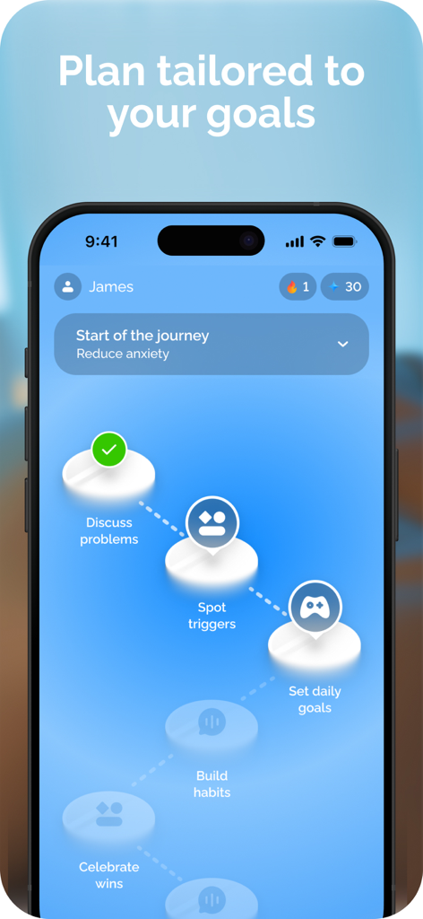 Dzeny: AI Mental Wellbeing - Dzeny app interface showing a personalized mental health journey roadmap with goal-setting steps.