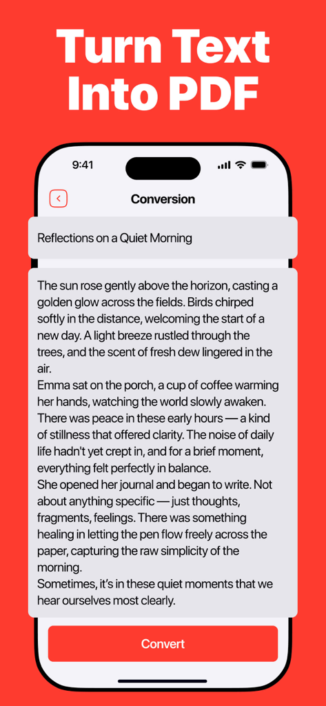 PDF Converter: Convert to PDFㅤ - Schermata iPhone che mostra la funzione di conversione testo in PDF con un campo di immissione testo e un pulsante rosso Converti