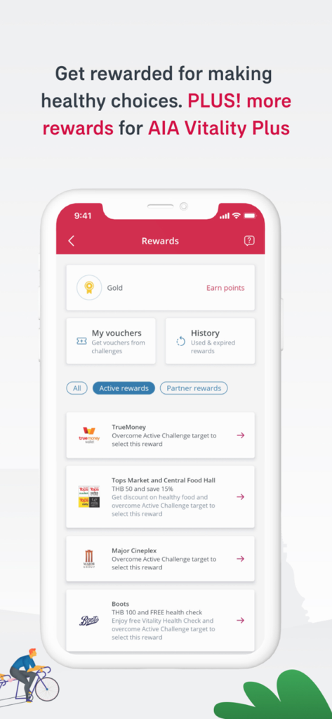 AIA Plus Thailand app rewards interface displaying Vitality points and partner vouchers
