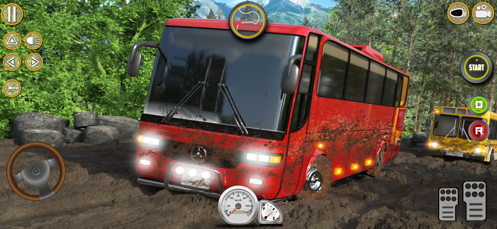 Offroad Mud Bus Simulator Game - Autobús rojo cubierto de barro conduciendo por una pista todoterreno en un bosque
