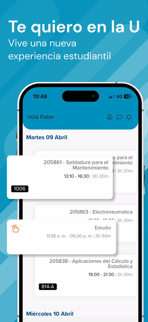 Te Quiero en la U - Interfaz de la aplicación móvil Te Quiero en la U mostrando el horario de clases de un estudiante para el nueve de abril en la pantalla de un iPhone