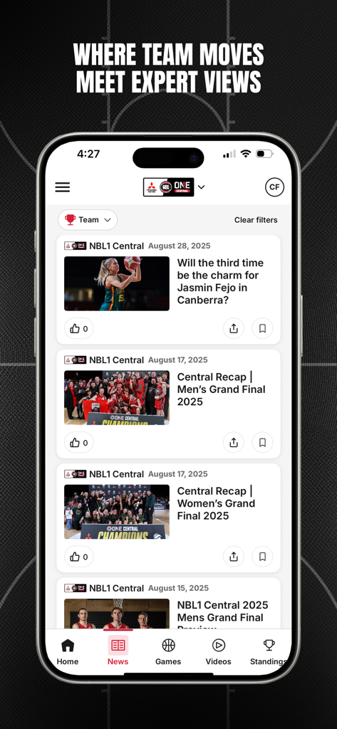 NBL1 - A news feed on the NBL1 mobile app displaying basketball articles and league updates.