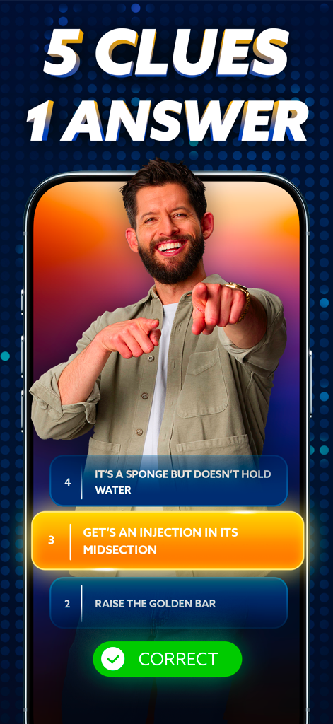 Best Guess Live - Schermata dell'app mobile Best Guess Live che mostra un conduttore dal vivo e indizi di enigmi con una notifica di risposta corretta