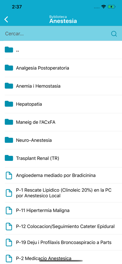 Aplicación móvil Sylbo mostrando la biblioteca de protocolos médicos del departamento de anestesia