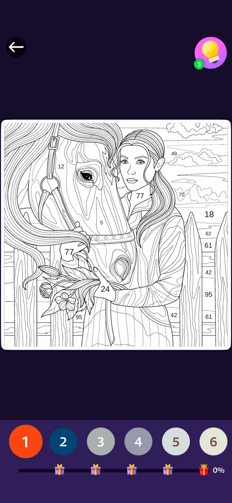 Color by Number: Craft & Art - Une interface de livre de coloriage numérique présentant un dessin au trait d'une femme avec un cheval et une palette de couleurs numérotée.