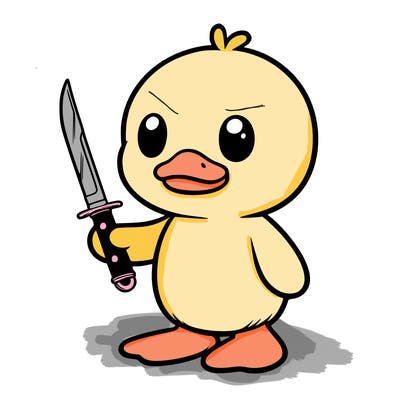 plushie duck standing up holding kinfe