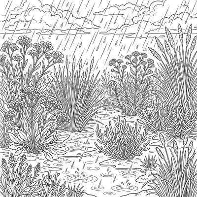 Discover the serene beauty of a saltmarsh during a gentle rainfall with this unique coloring page. Perfect for nature lovers, this design invites you to bring the lush marsh plants to life with your favorite colors.