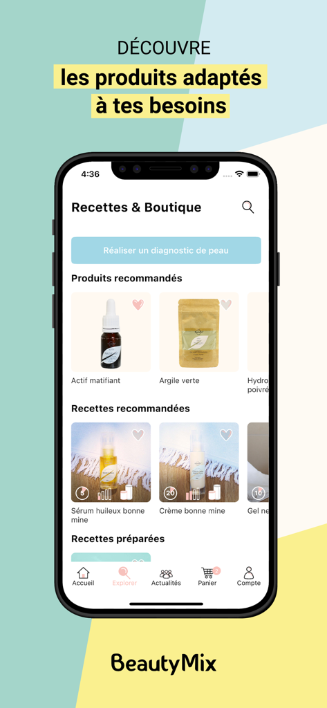 BeautyMix - Mobile screen of BeautyMix app featuring personalized skin diagnostic and natural DIY beauty recipes
