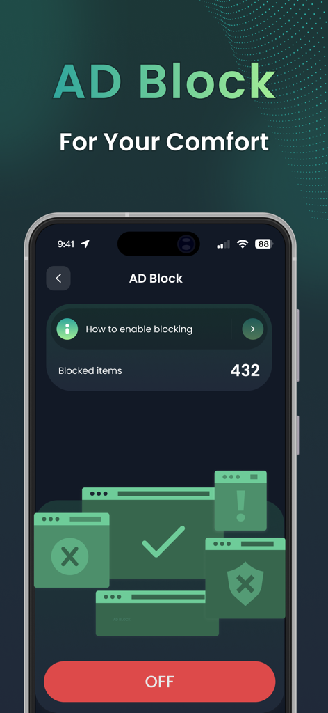 Top Fast VPN App-Oberfläche, die die Ad-Blocker-Funktion und die Anzahl der blockierten Elemente anzeigt