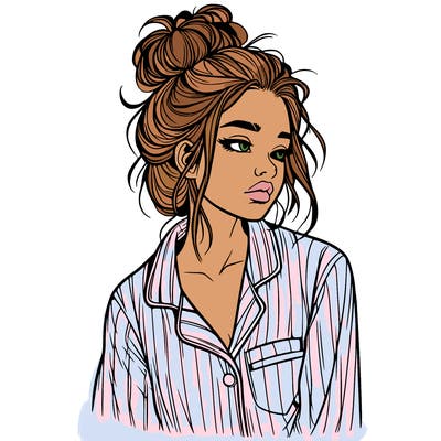 realistic woman with pajamas on and a messy bun