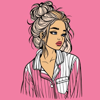 realistic woman with pajamas on and a messy bun